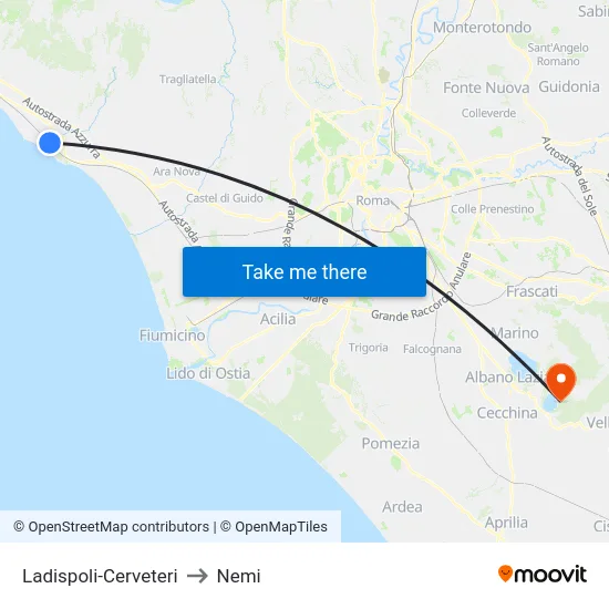 Ladispoli-Cerveteri to Nemi map