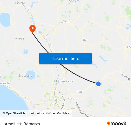 Arsoli to Bomarzo map