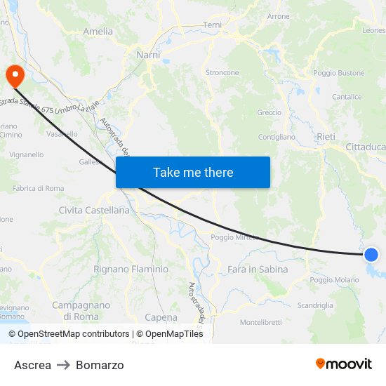 Ascrea to Bomarzo map