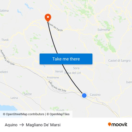 Aquino to Magliano De' Marsi map