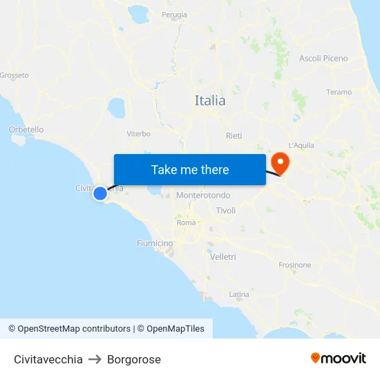 Civitavecchia to Borgorose map