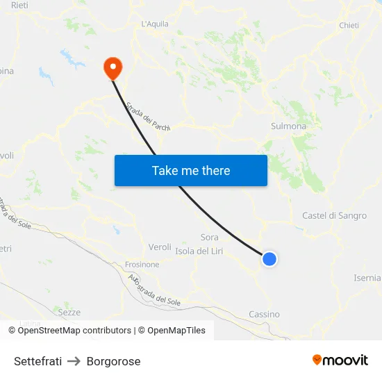 Settefrati to Borgorose map