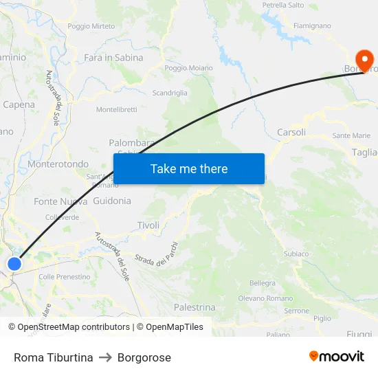 Roma Tiburtina to Borgorose map