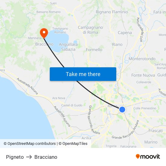 Pigneto to Bracciano map