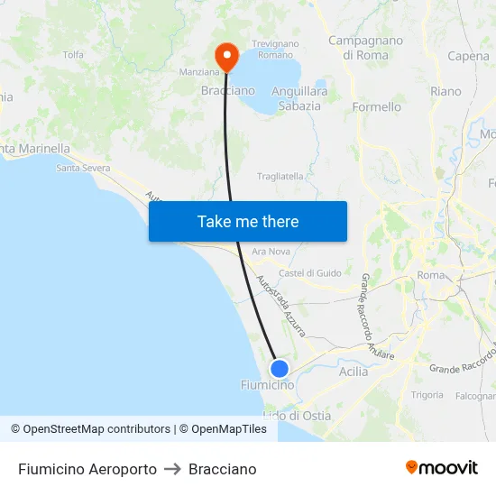 Fiumicino Airport to Bracciano map