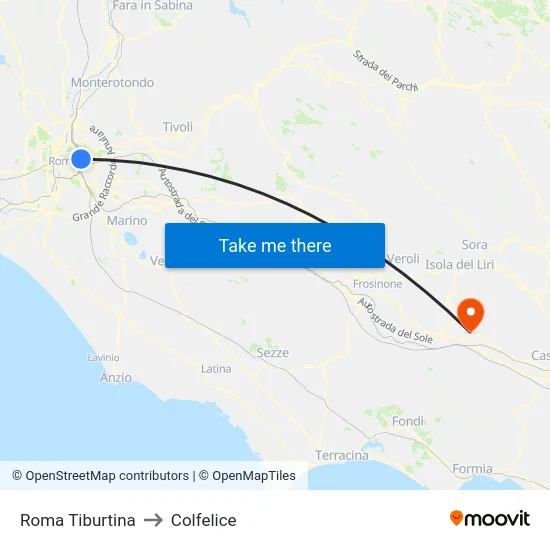 Roma Tiburtina to Colfelice map