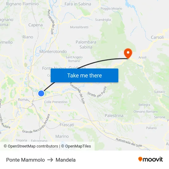 Ponte Mammolo to Mandela map