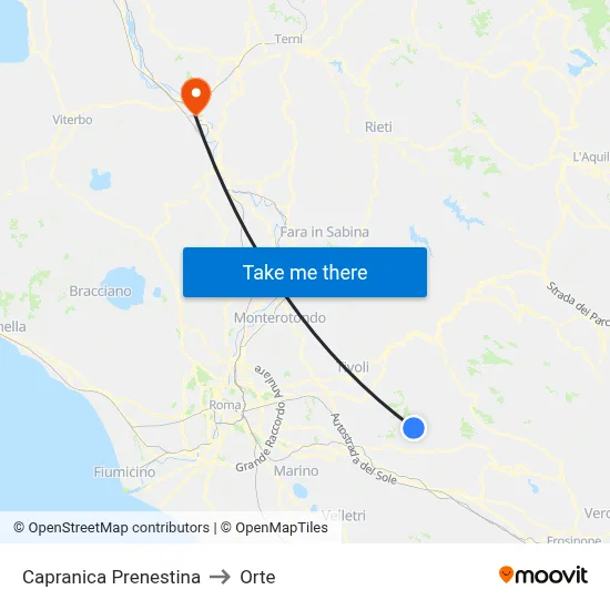 Capranica Prenestina to Orte map