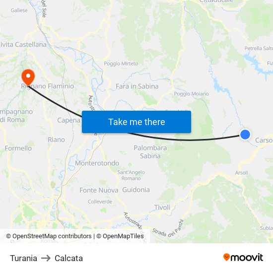 Turania to Calcata map