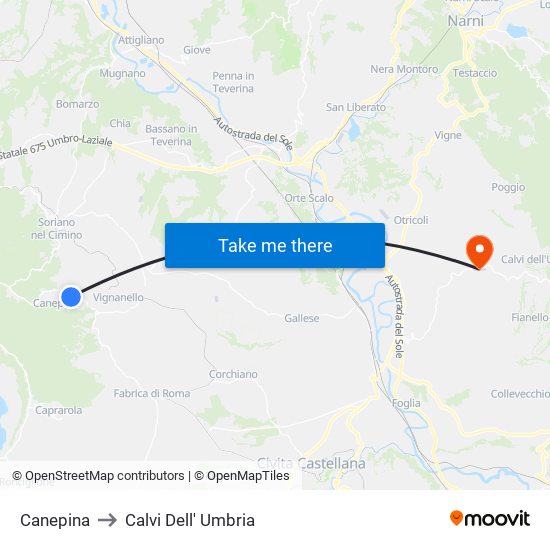 Canepina to Calvi Dell' Umbria map