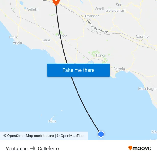 Ventotene to Colleferro map