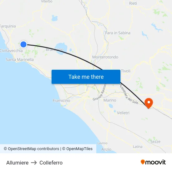 Allumiere to Colleferro map
