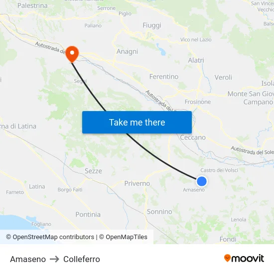 Amaseno to Colleferro map