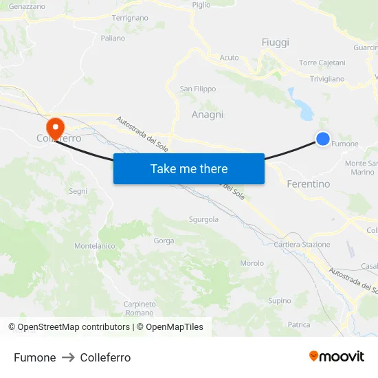 Fumone to Colleferro map