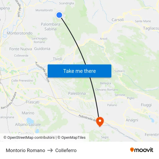 Montorio Romano to Colleferro map