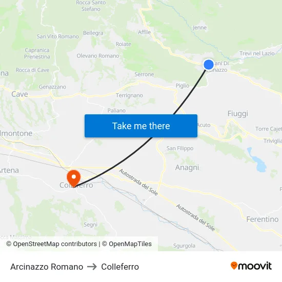 Arcinazzo Romano to Colleferro map
