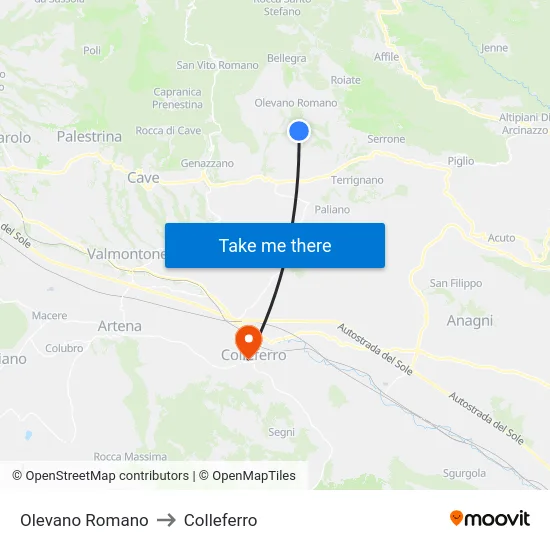 Olevano Romano to Colleferro map