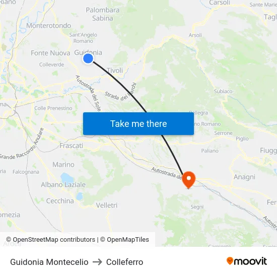 Guidonia Montecelio to Colleferro map