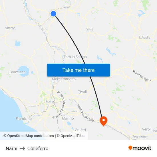 Narni to Colleferro map