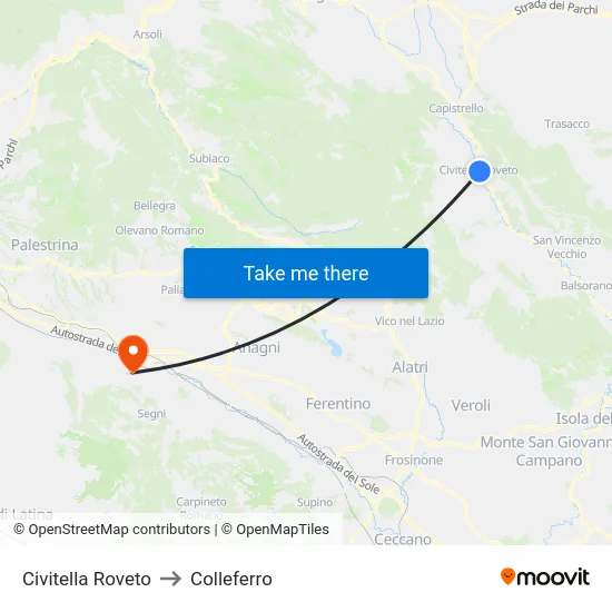 Civitella Roveto to Colleferro map