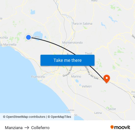 Manziana to Colleferro map