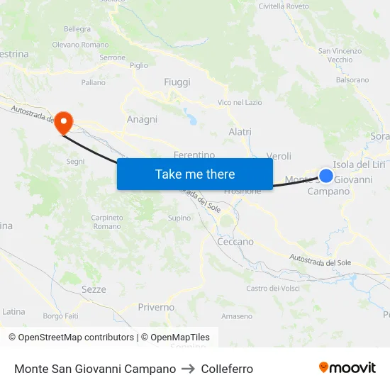 Monte San Giovanni Campano to Colleferro map
