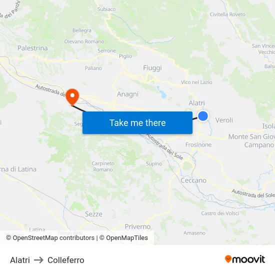 Alatri to Colleferro map