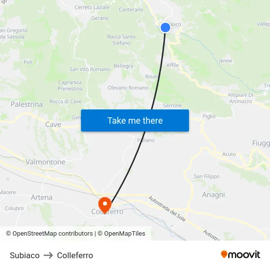 Subiaco to Colleferro map
