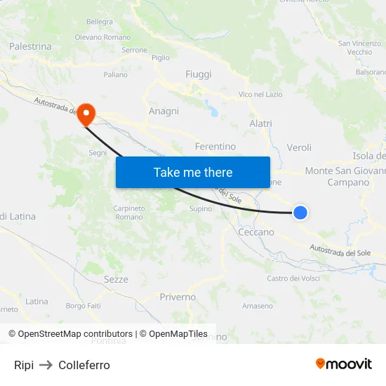 Ripi to Colleferro map