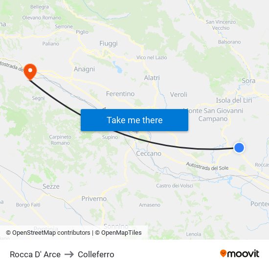 Rocca D' Arce to Colleferro map