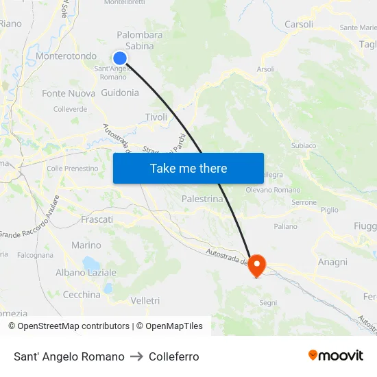 Sant' Angelo Romano to Colleferro map