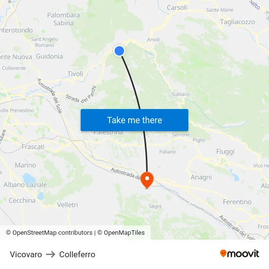 Vicovaro to Colleferro map