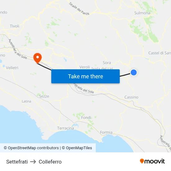 Settefrati to Colleferro map
