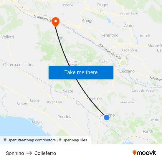 Sonnino to Colleferro map