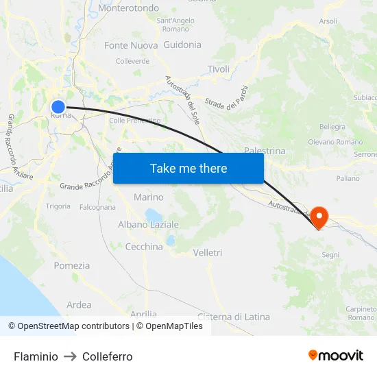 Flaminio to Colleferro map