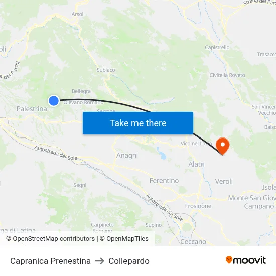 Capranica Prenestina to Collepardo map
