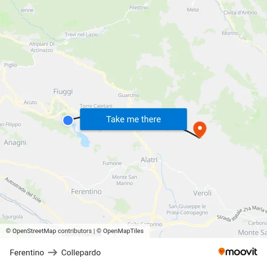 Ferentino to Collepardo map
