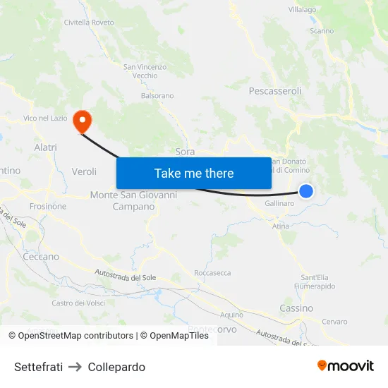 Settefrati to Collepardo map