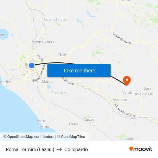 Roma Termini (Laziali) to Collepardo map