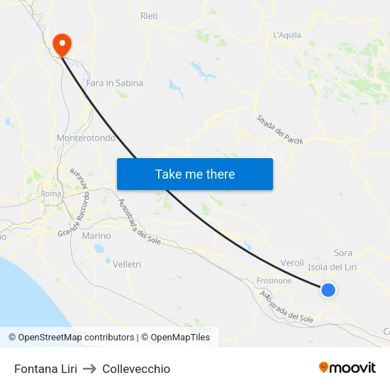 Fontana Liri to Collevecchio map