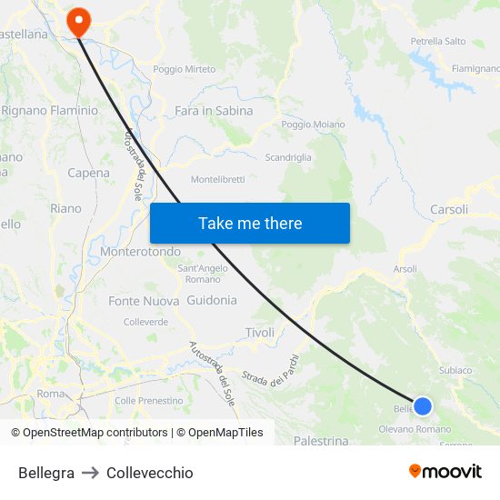 Bellegra to Collevecchio map