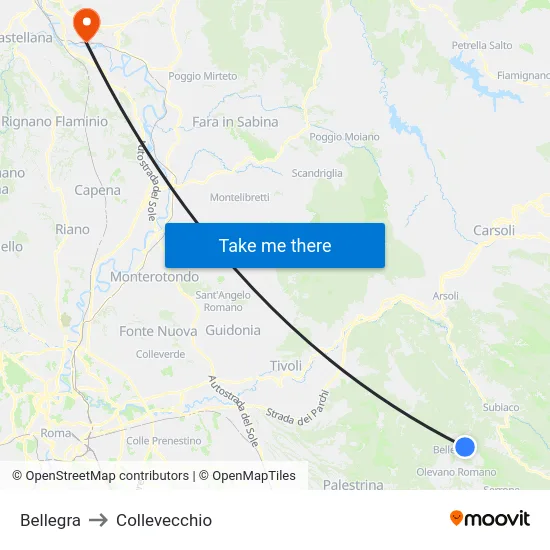 Bellegra to Collevecchio map