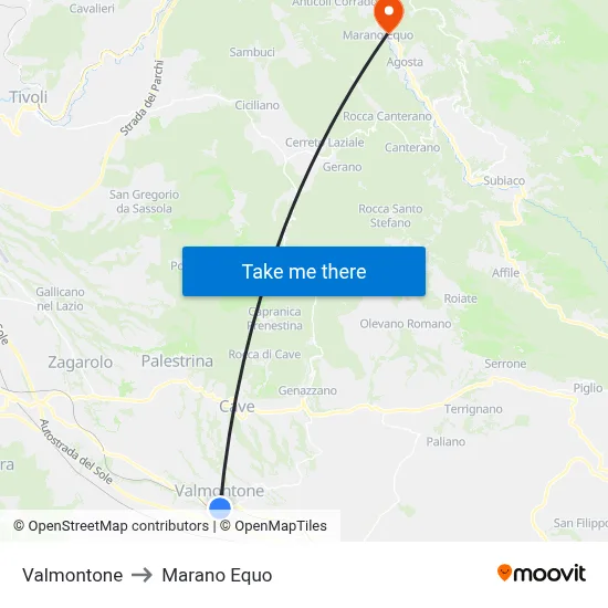 Valmontone to Marano Equo map