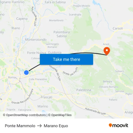 Ponte Mammolo to Marano Equo map