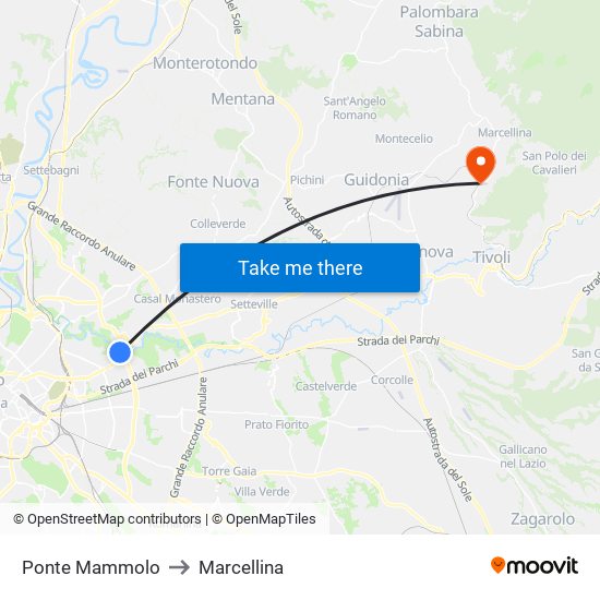 Ponte Mammolo to Marcellina map