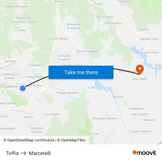 Toffia to Marcetelli map