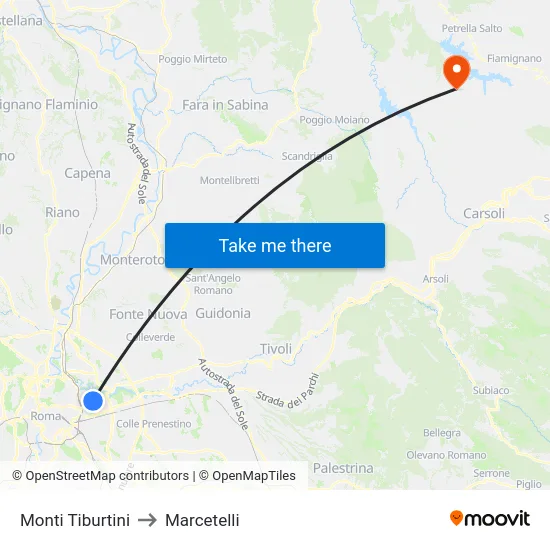 Monti Tiburtini to Marcetelli map