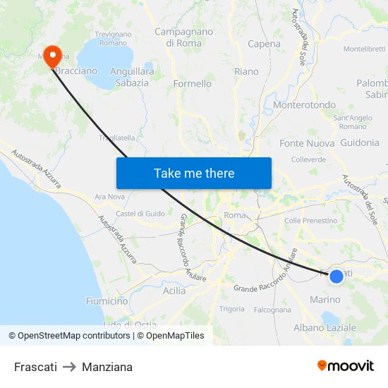 Frascati to Manziana map