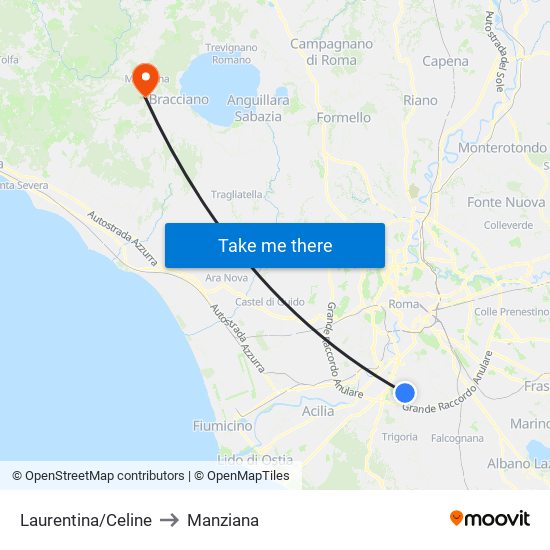 Laurentina/Celine to Manziana map