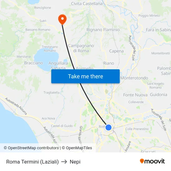 Roma Termini (Laziali) to Nepi map